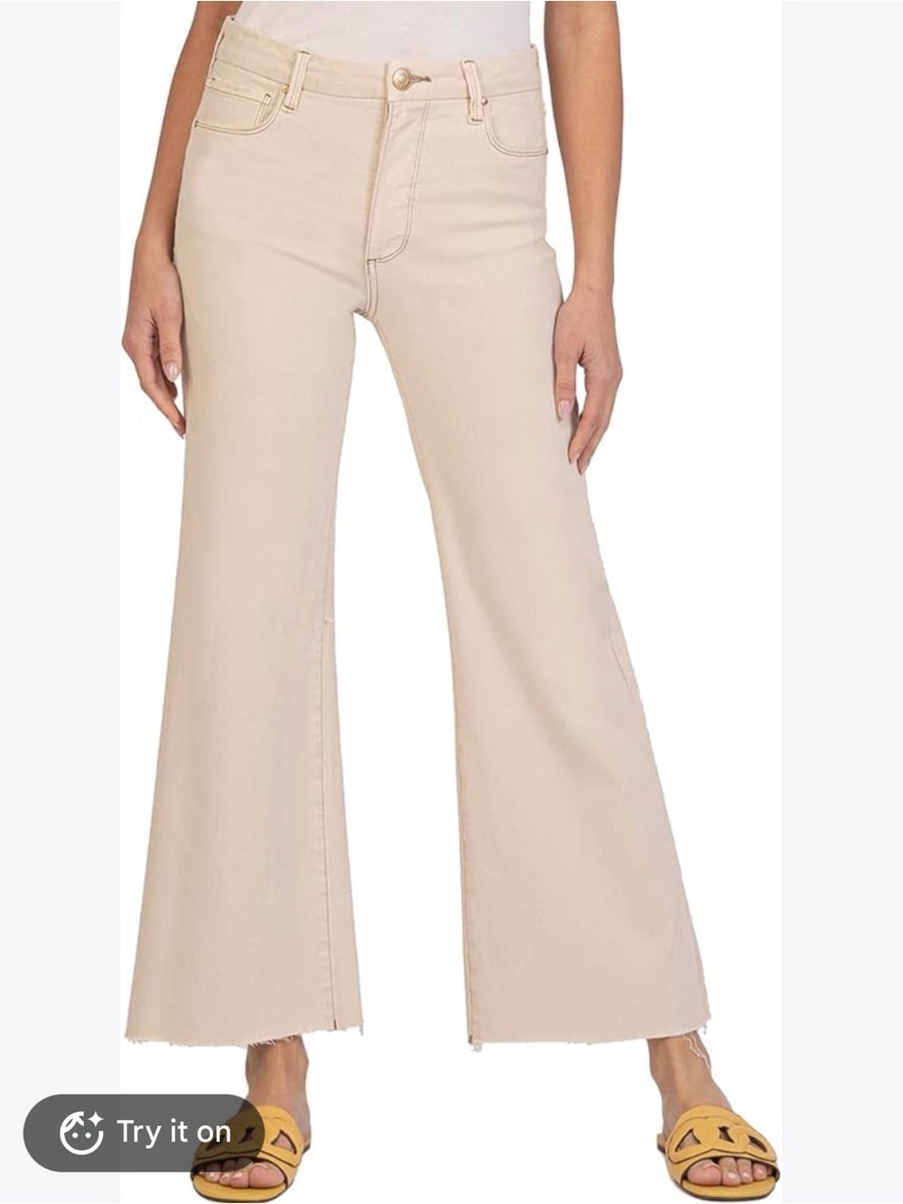 KUT from the Kloth Meg Fab Ab Wide Leg High Rise Jeans Ecru Size 8 Raw Hem